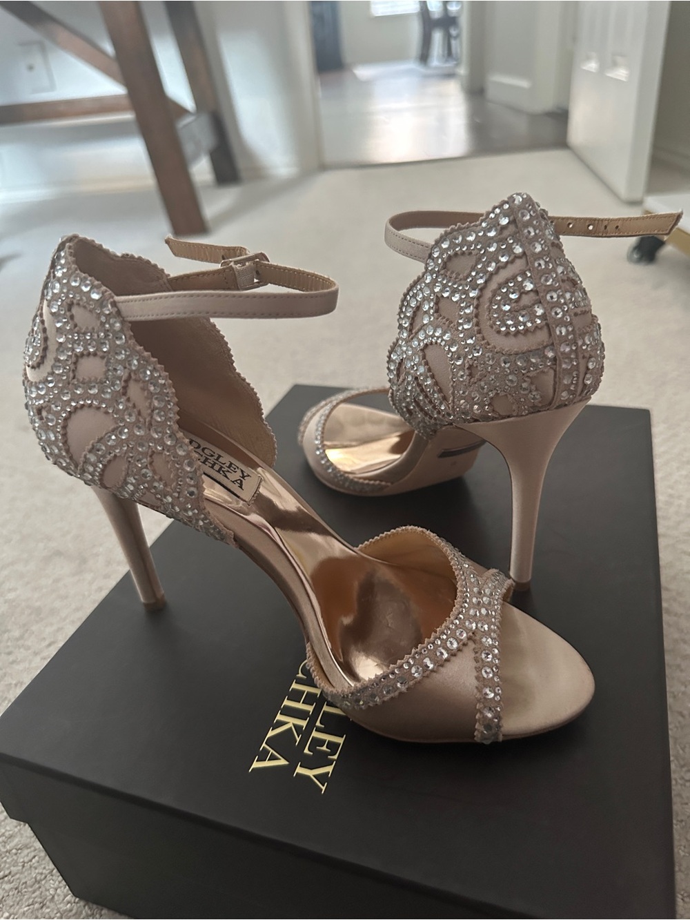 Badgley Mischka Blush Nude Crystal Embellished Ankle-Strap Heels